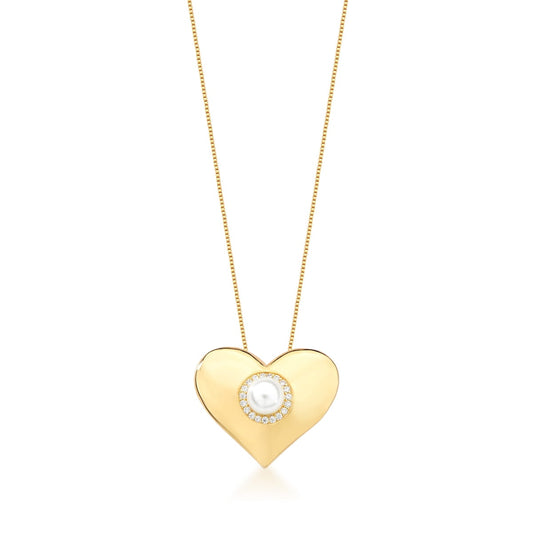 NATURAL FRESHWATER PEARL GOLD PLATED HEART ZIRCONIA NECKLACE