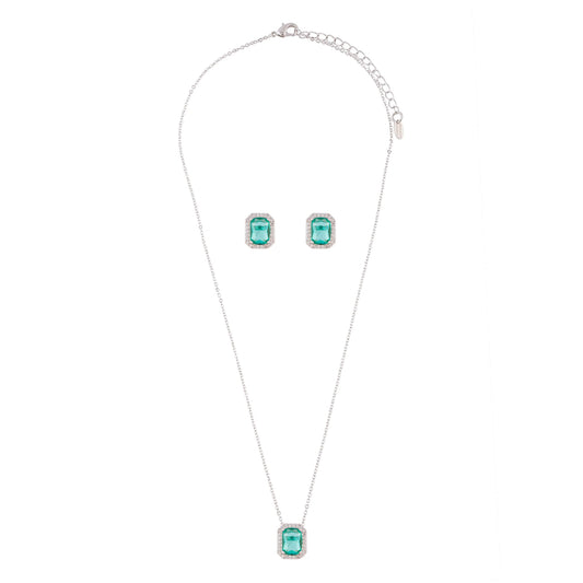 Silver Rectangular Necklace and Earring Set with Pave Border