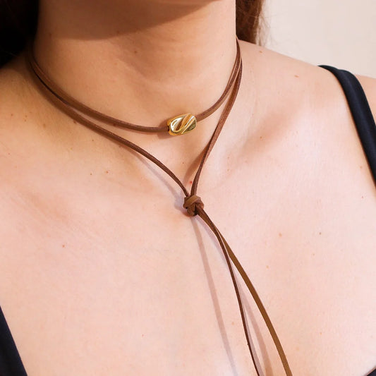 Brown Cord Necklace with Smooth Organic Gold Pendant