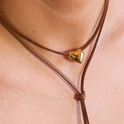 Brown Cord Necklace with Smooth Gold Heart Pendant